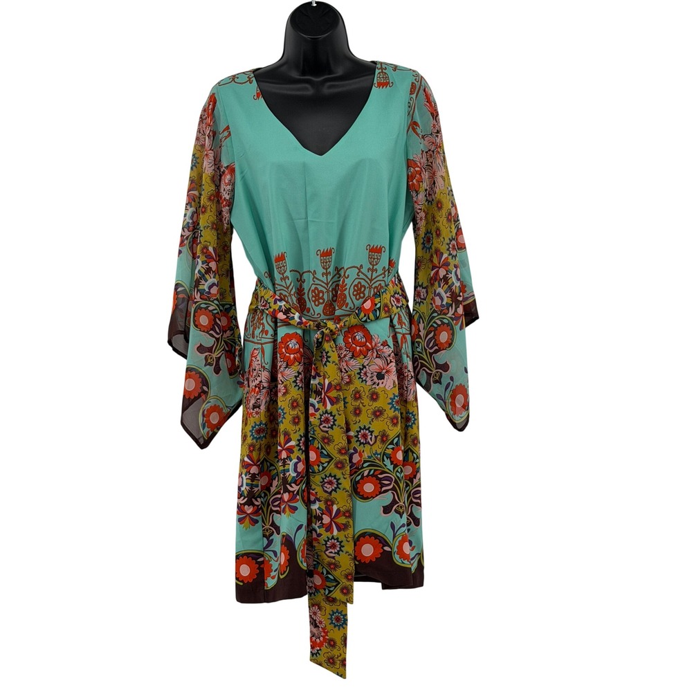 Uncle Frank Dress Womens S Turquoise Floral Retro Bell Sleeve Mini Boho